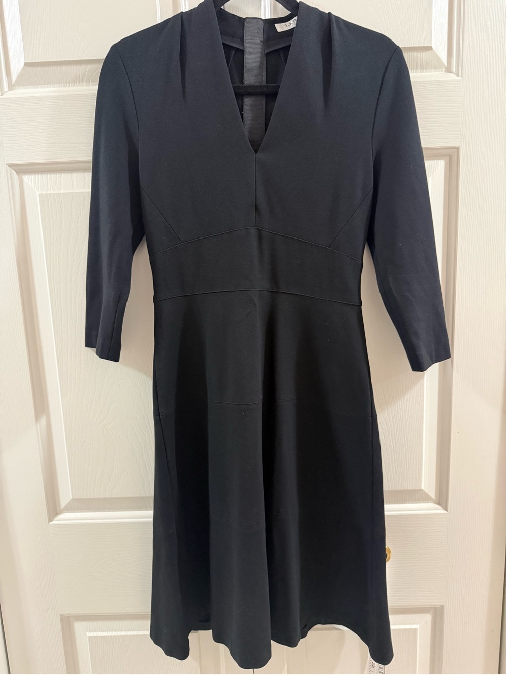 L.K. Bennett London Black Fit Flare Dress US 4 V Neck 3/4 Sleeve Career Midi
